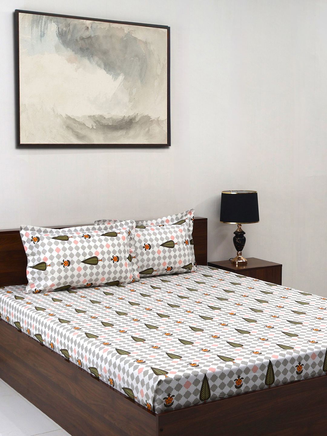 BOMBAY DYEING Cardinal Green Floral Printed Cotton 120 TC Queen Bedsheet Set 2.54 x 2.24m