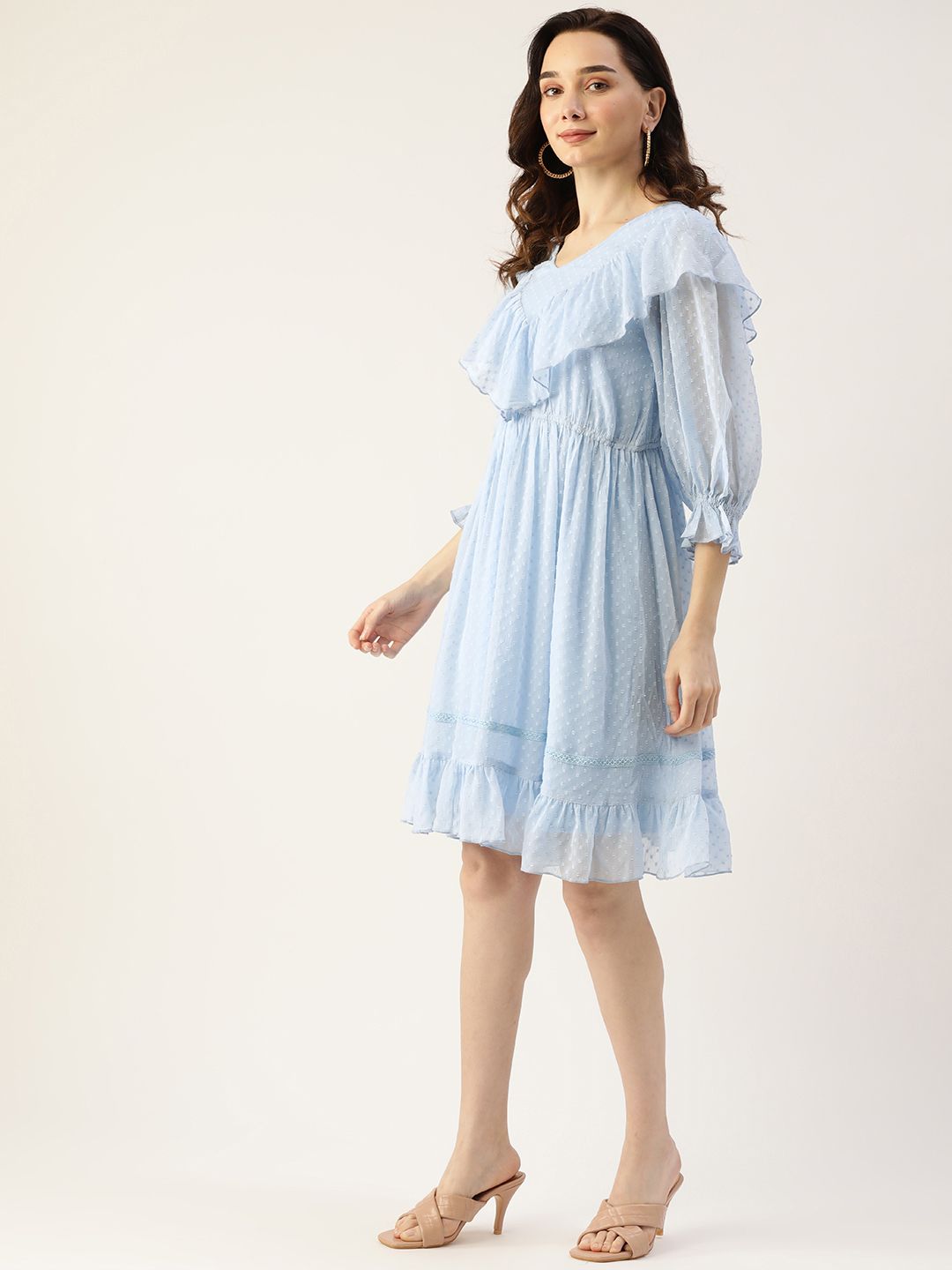 Antheaa Women Blue Dobby Weave Ruffle Detail A-Line Dress