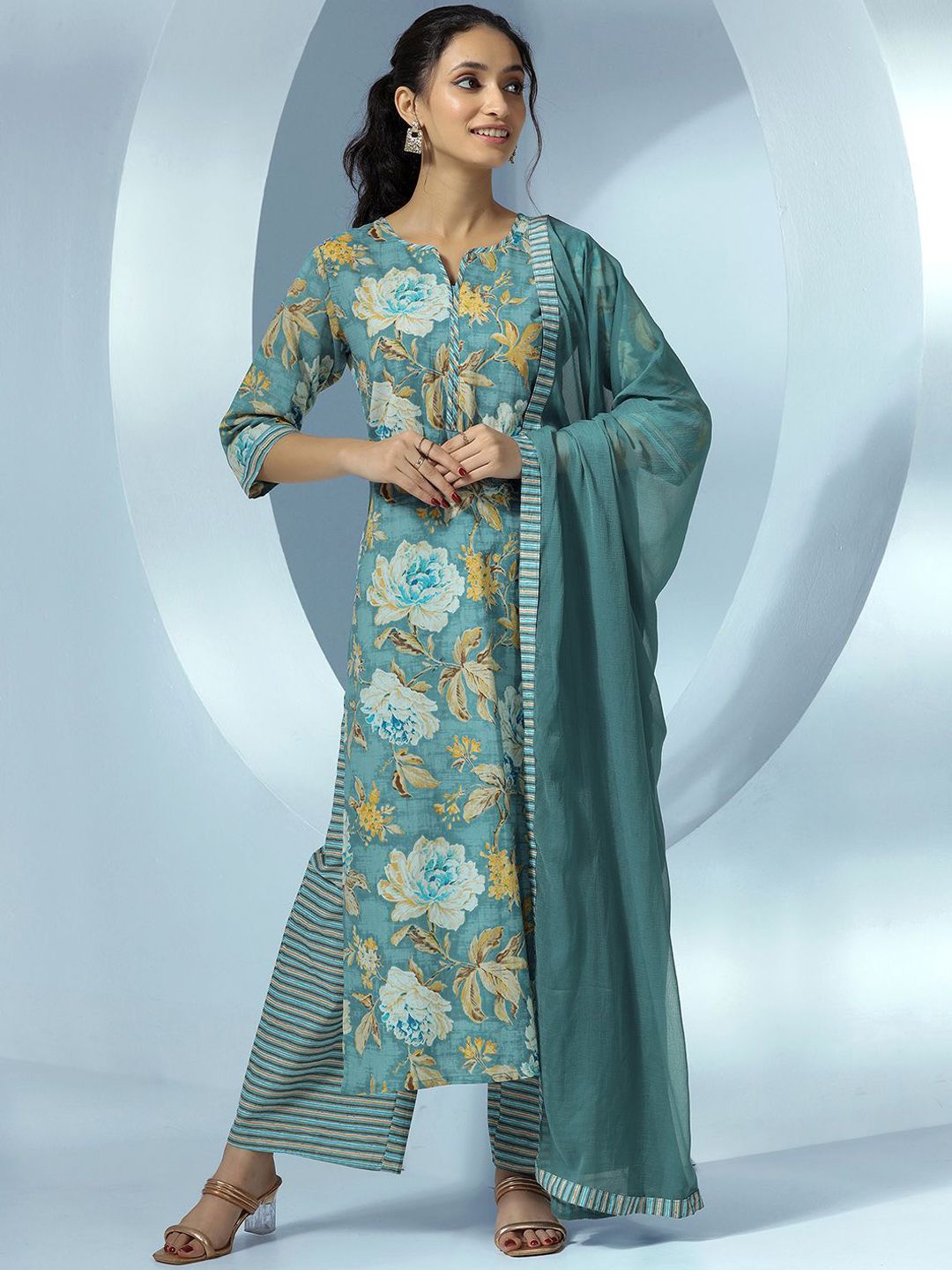 Libas Women Floral Printed Regular Pure Cotton Kurta with Palazzos & With Dupatta