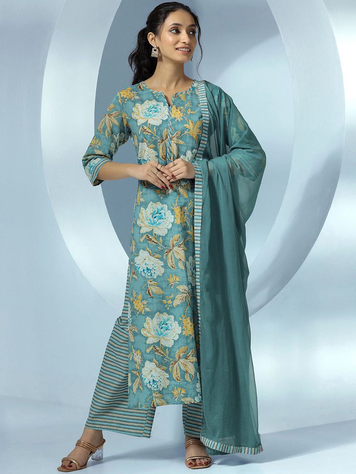 Libas Women Floral Printed Regular Pure Cotton Kurta with Palazzos & With Dupatta
