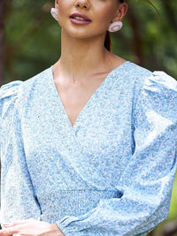 Athena Blue Printed V-Neck Smocked Wrap Crop Top