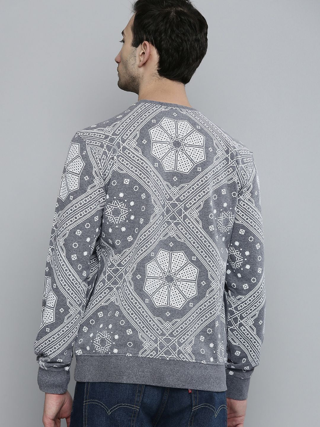 The Indian Garage Co Men Grey Melange Self-Design Printed Sweatshirt