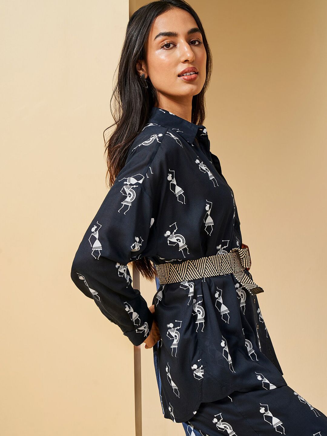 Global Desi Graphic Printed Mandarin Collar Shirt Style Top