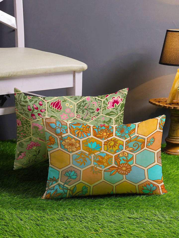 STITCHNEST Set of 2 Green & Orange Floral Rectangle Cushion Covers