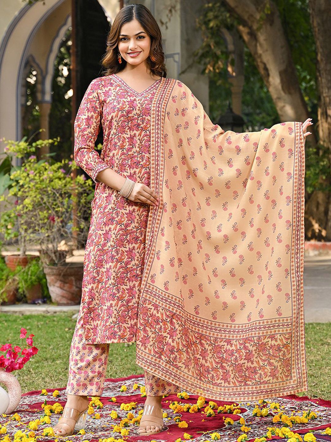 KALINI Women Floral Printed Regular Kurta with Trousers & With Dupatta