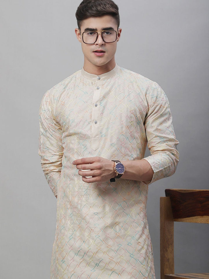 SOJANYA Band Collar Sulam Cotton Silk Kurta