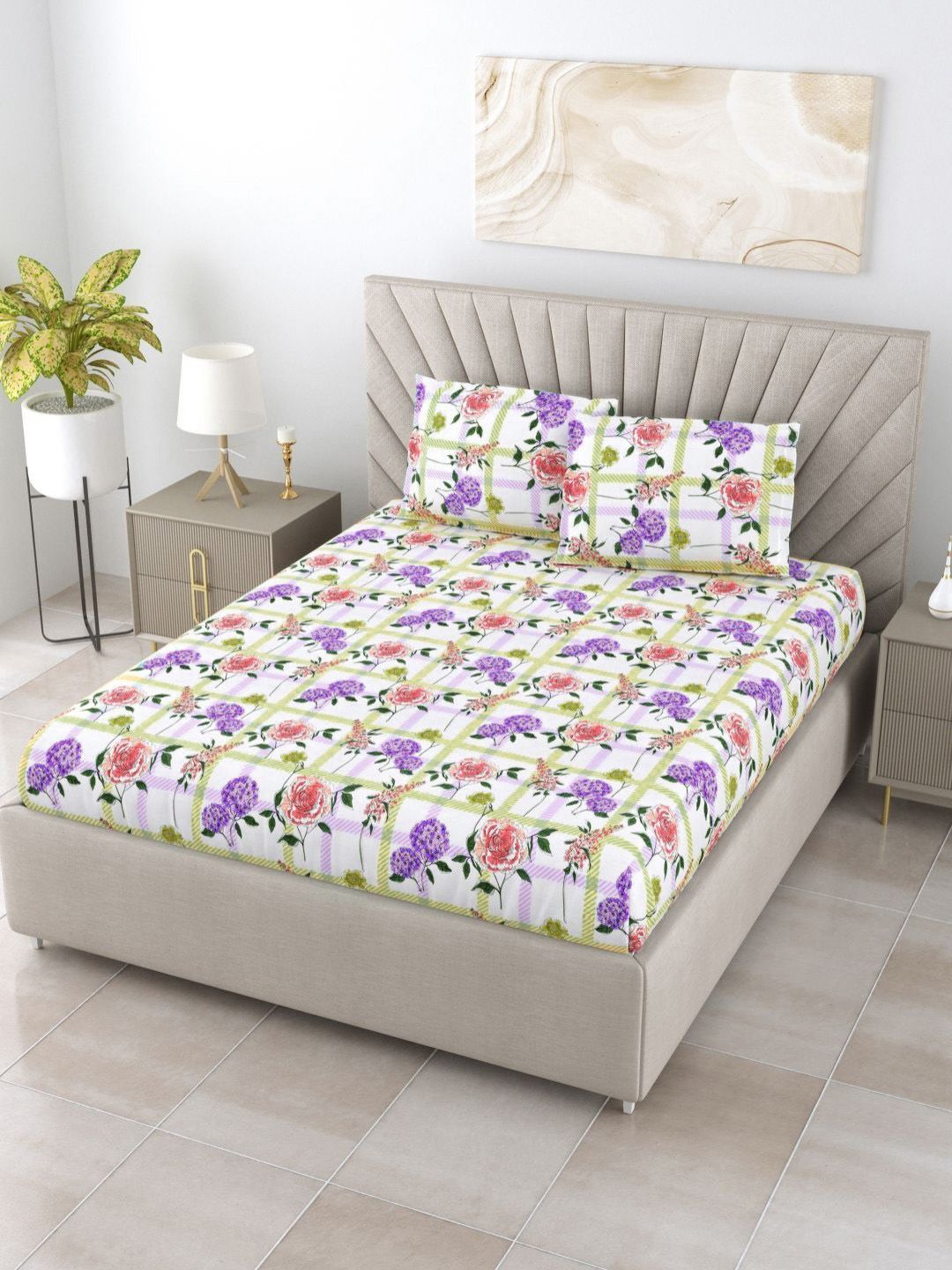 BOMBAY DYEING Florentine White Floral Pure Cotton 144TC Queen Bedsheet Set 2.28 m X 2.54 m