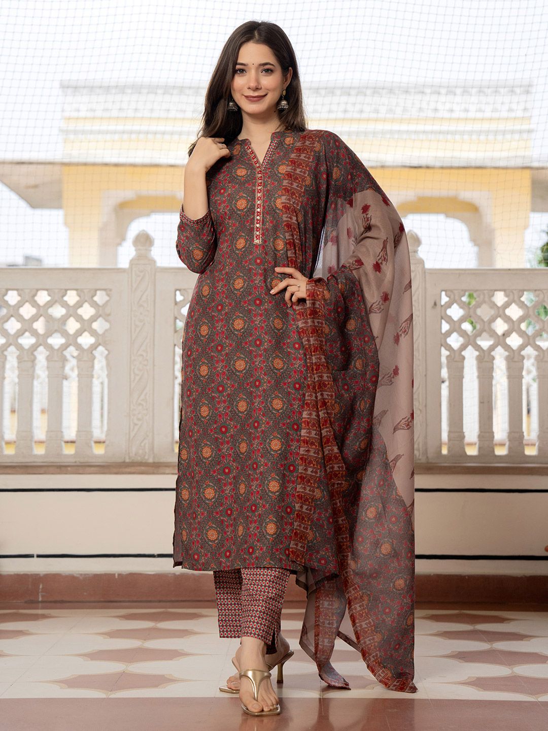 KALINI Floral Printed Sequinned Straight Kurta With Trousers & Dupatta
