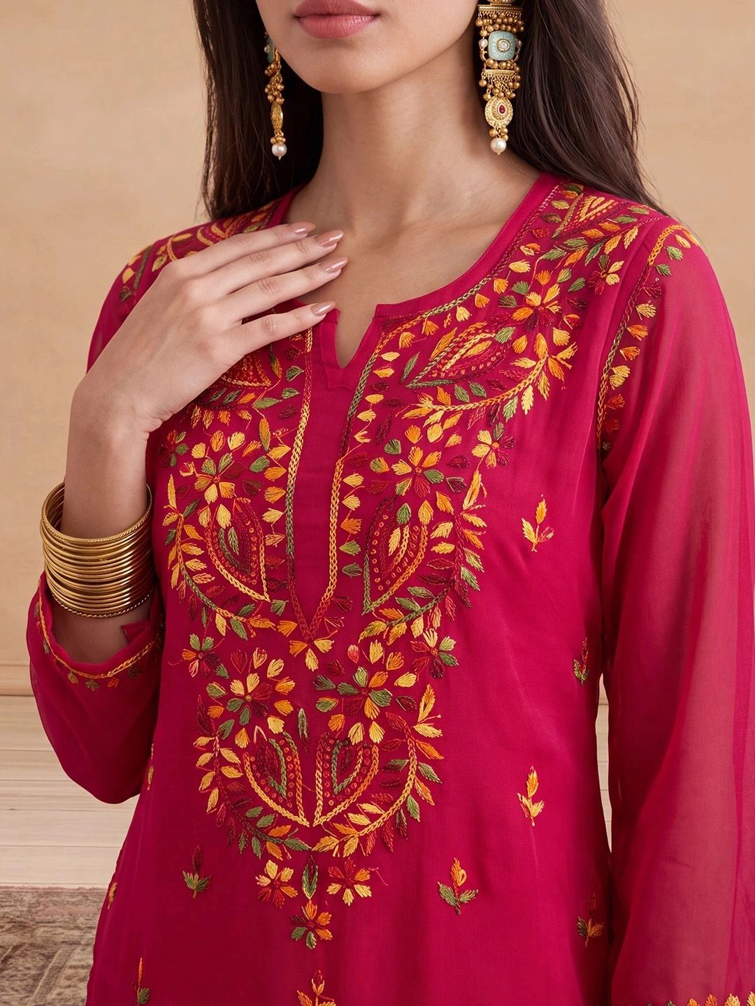 Rumah Wanita Chikankari Motif Etnik Bersulam Benang Biasa Kurta Kerja dengan Sharara