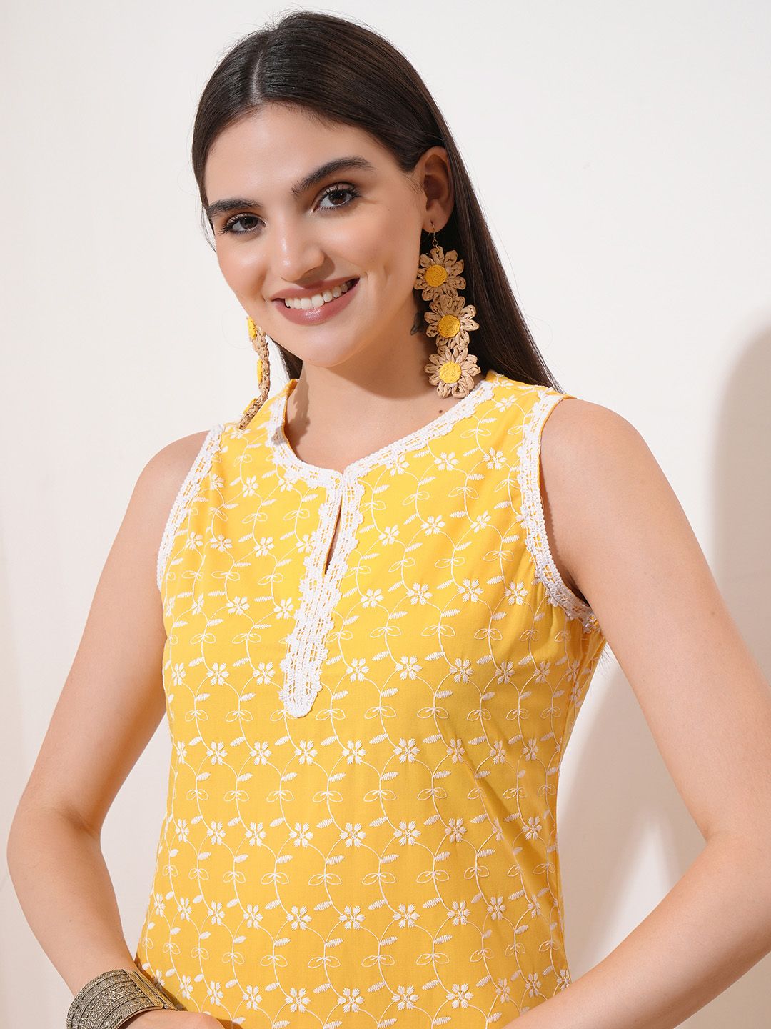 Vishudh Yellow Ethnic Motifs Embroidered Thread Work Straight Kurta