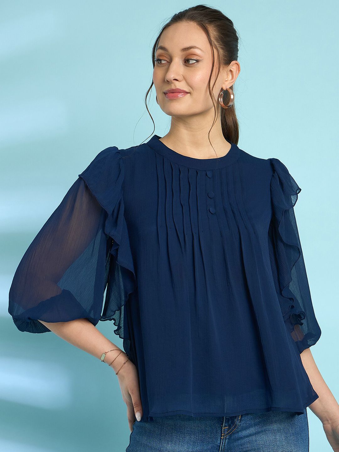 Antheaa Navy Round Neck Flared Sleeve Chiffon A-Line Top