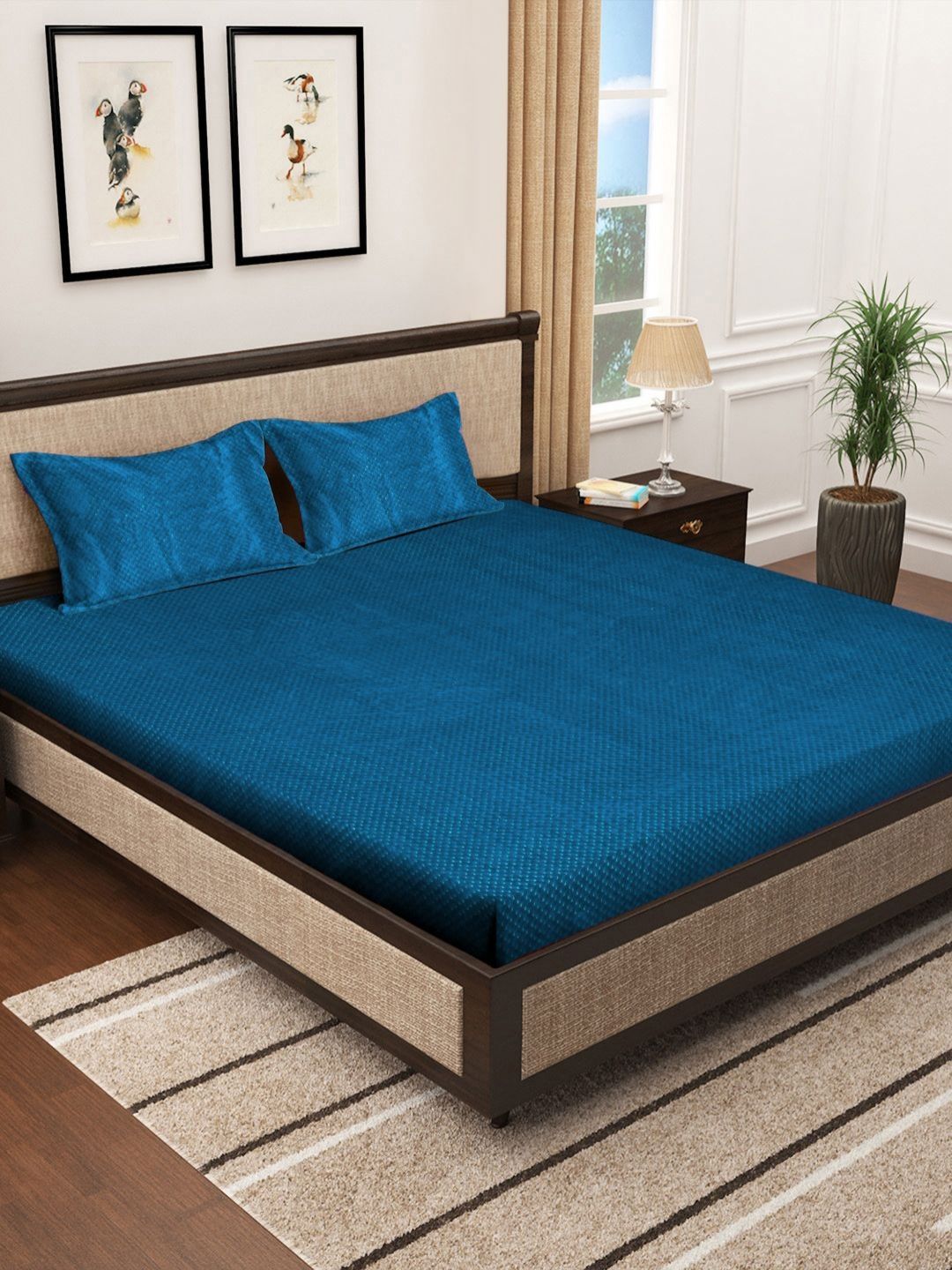 KLOTTHE Blue 300TC Double Woolen King Bedsheet With 2 Pillow Covers