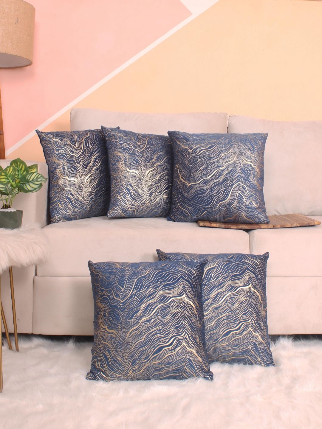 STITCHNEST Blue & Gold-Toned 5 Pieces Abstract Velvet Square Cushion Covers
