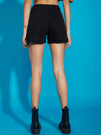 SASSAFRAS Women Black Chains Detail Pure Cotton Denim Shorts