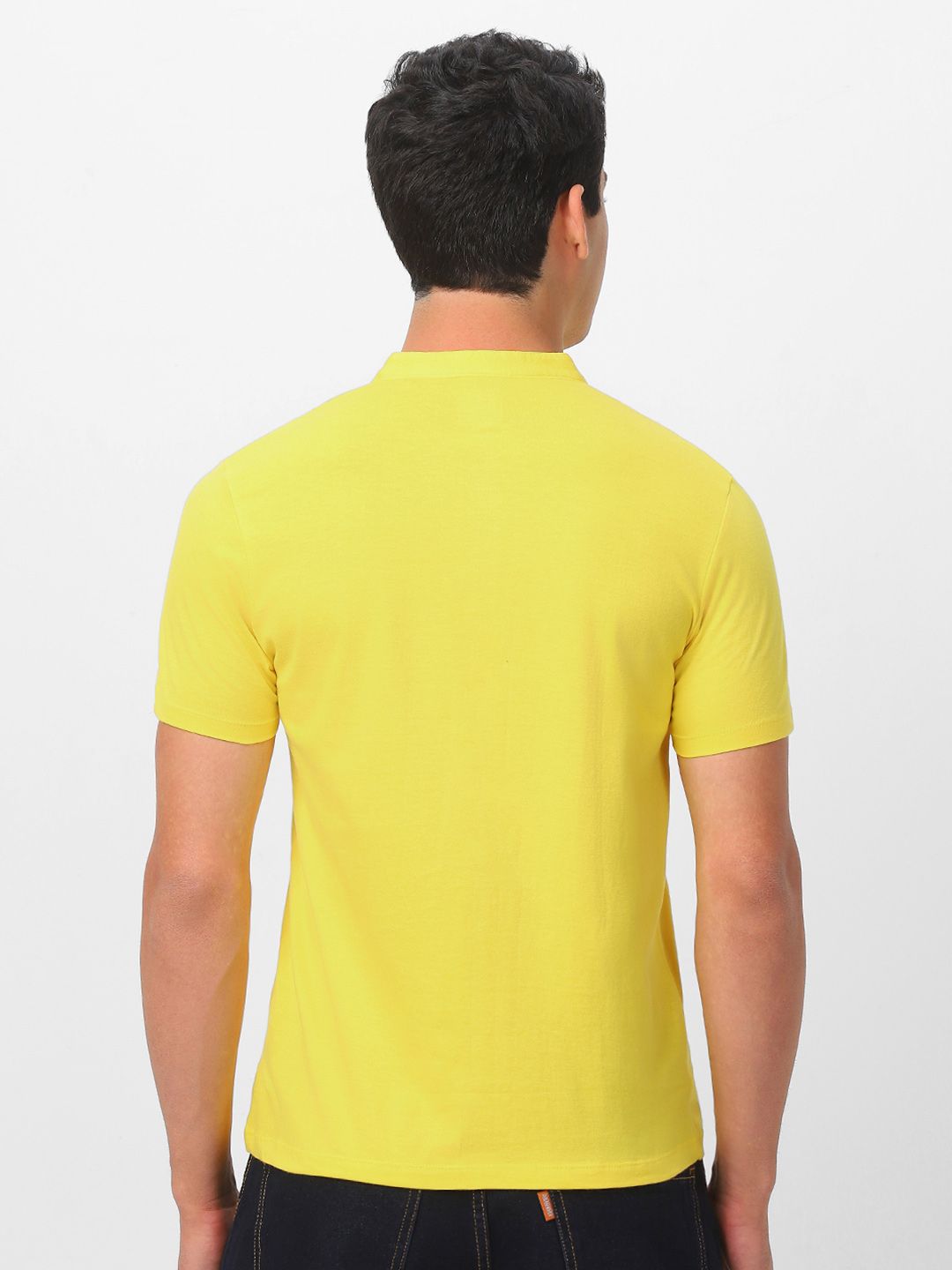 Urbano Fashion Men Yellow Solid Mandarin Collar Pure Cotton T-shirt