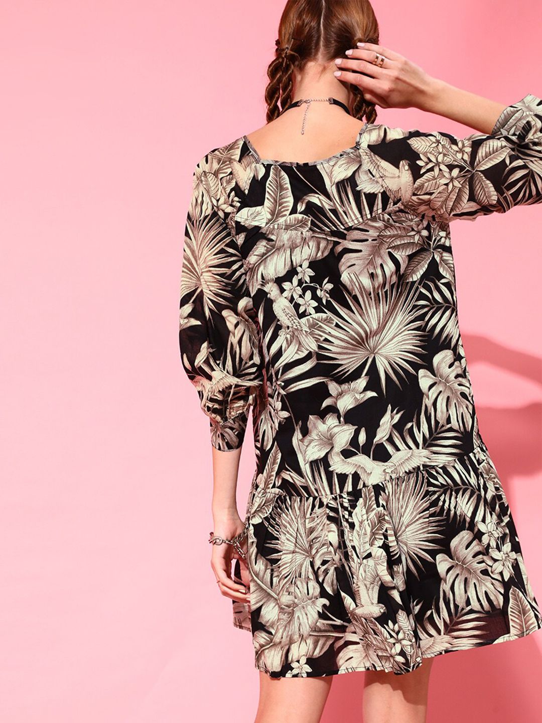 STREET 9 Black Floral Crepe Sheath Midi Dress