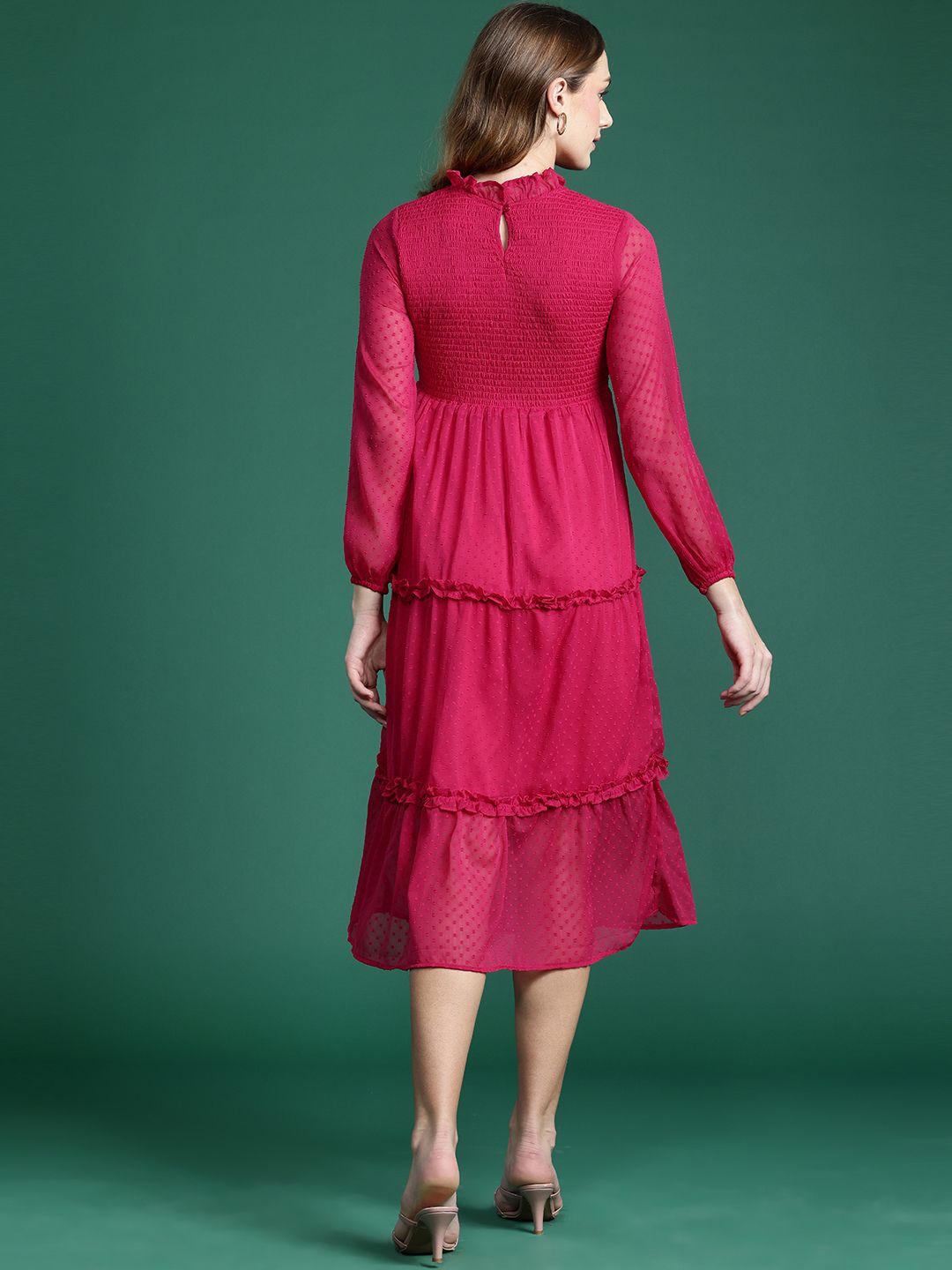 DressBerry Schiffli Smocked Tiered A-Line Midi Dress