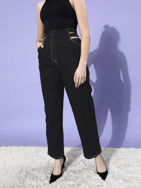 STREET 9 Women Stylish Black Solid High-Rise Trousers