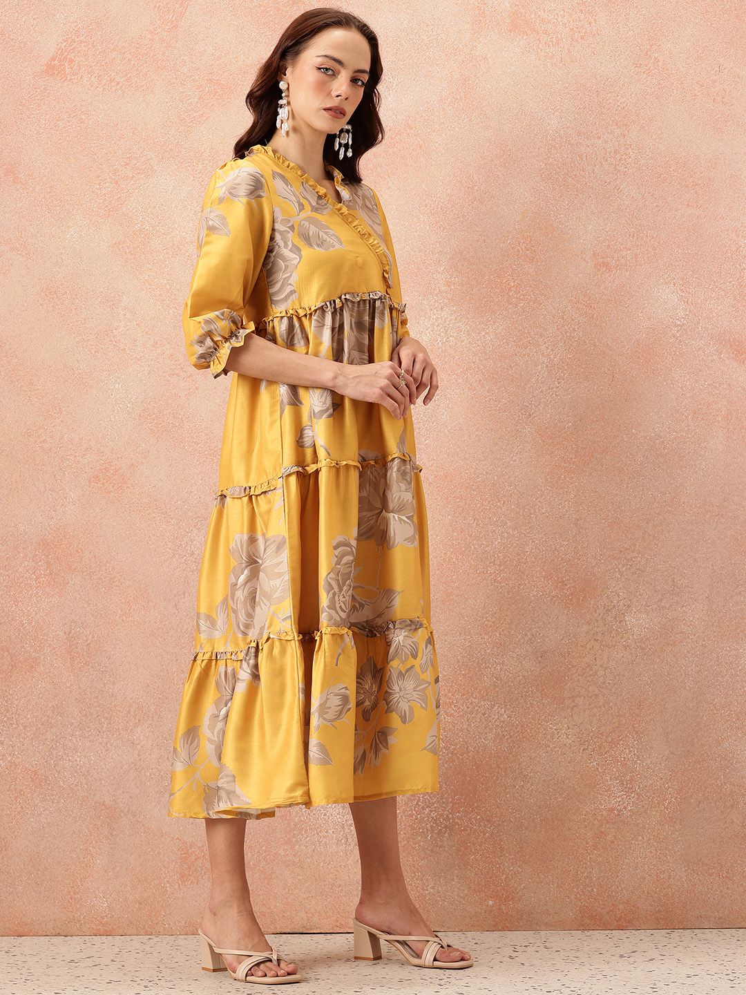 all about you Floral Printed Ruffled Detail Tiered Wrap-Style Midi Fit & Flare Dress