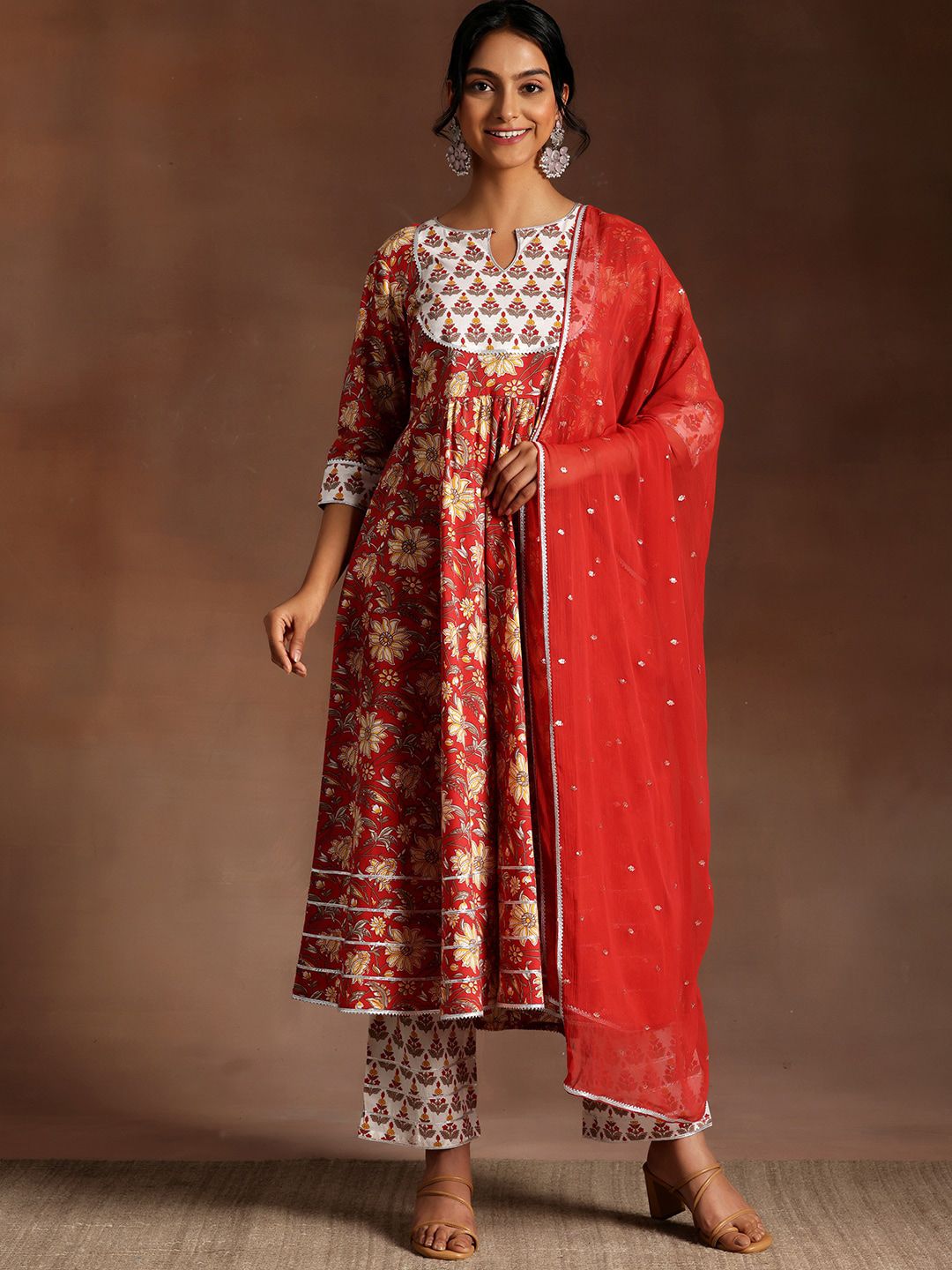 Libas Floral Printed Regular Gotta Patti Pure Cotton Kurta with Trouser & Dupatta