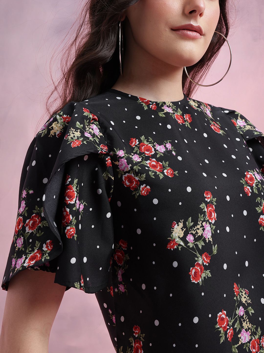 DressBerry Floral Print Tulip-Style Flared Sleeves Top