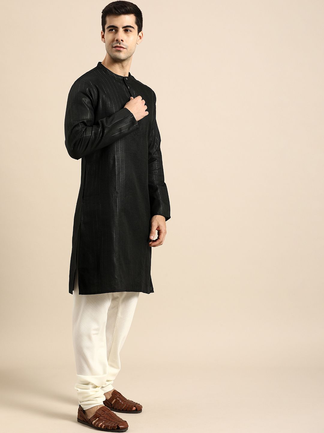 Anouk Men Black Striped Straight Kurta