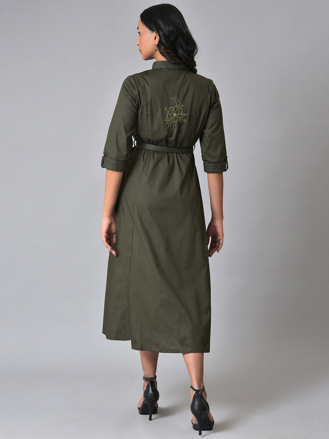 W Rool-Up Sleeves Pure Cotton Shirt Midi Dress