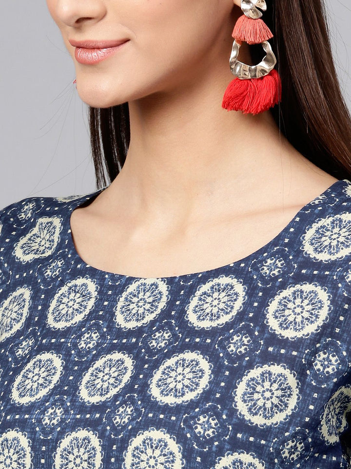 Gerua By Libas Women Navy Blue  Off-White Printed Pure Cotton A-Line Pure Cotton Kurti