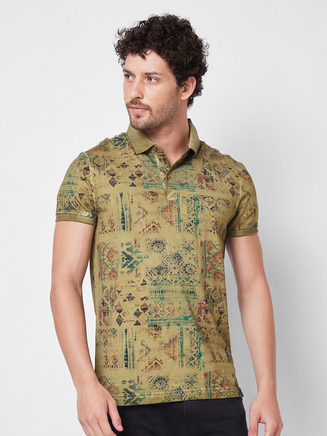 SPYKAR Abstract Printed Polo Collar Cotton Slim Fit T-shirt