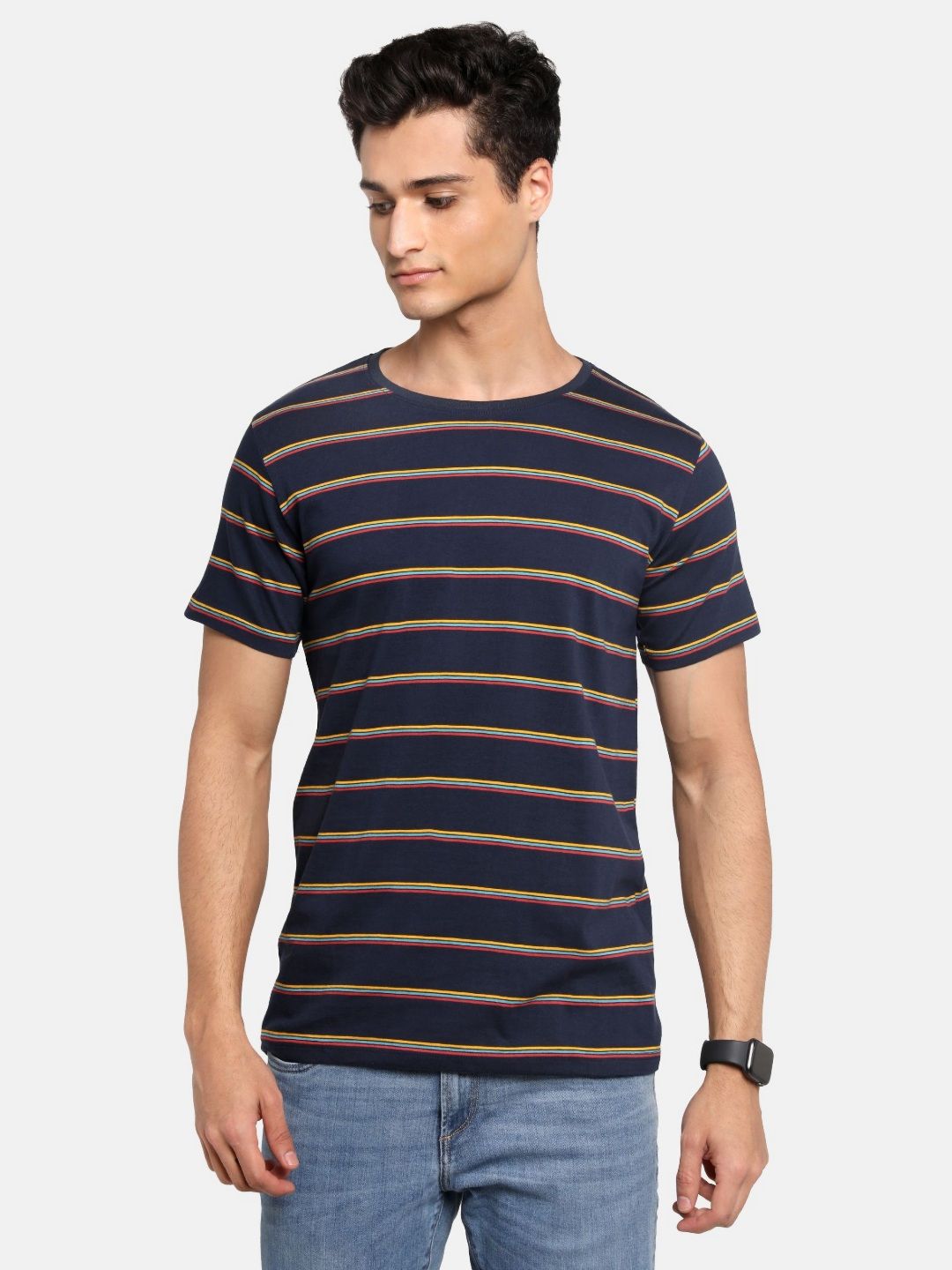 ADRO Lelaki Berjalur Leher Bulat T-shirt Kapas