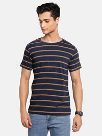 ADRO Lelaki Berjalur Leher Bulat T-shirt Kapas