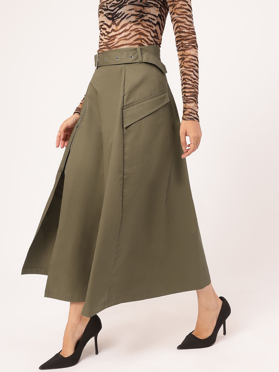 DressBerry Bold & Stylish Side High Slit A-Line Belted Midi Skirt