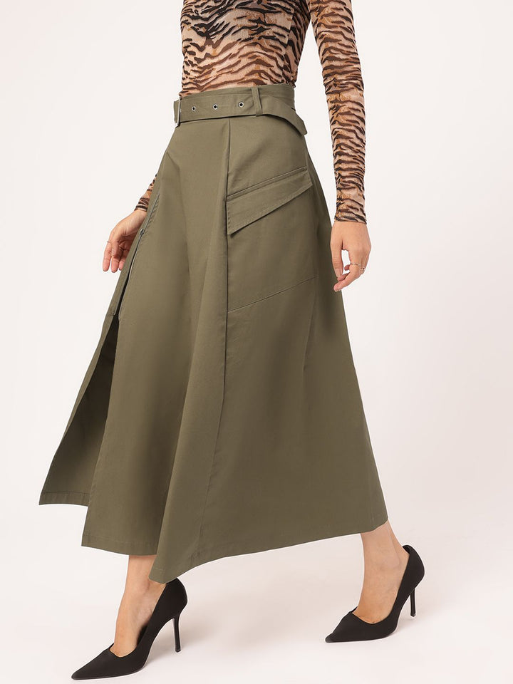 DressBerry Bold & Stylish Side High Slit A-Line Belted Midi Skirt
