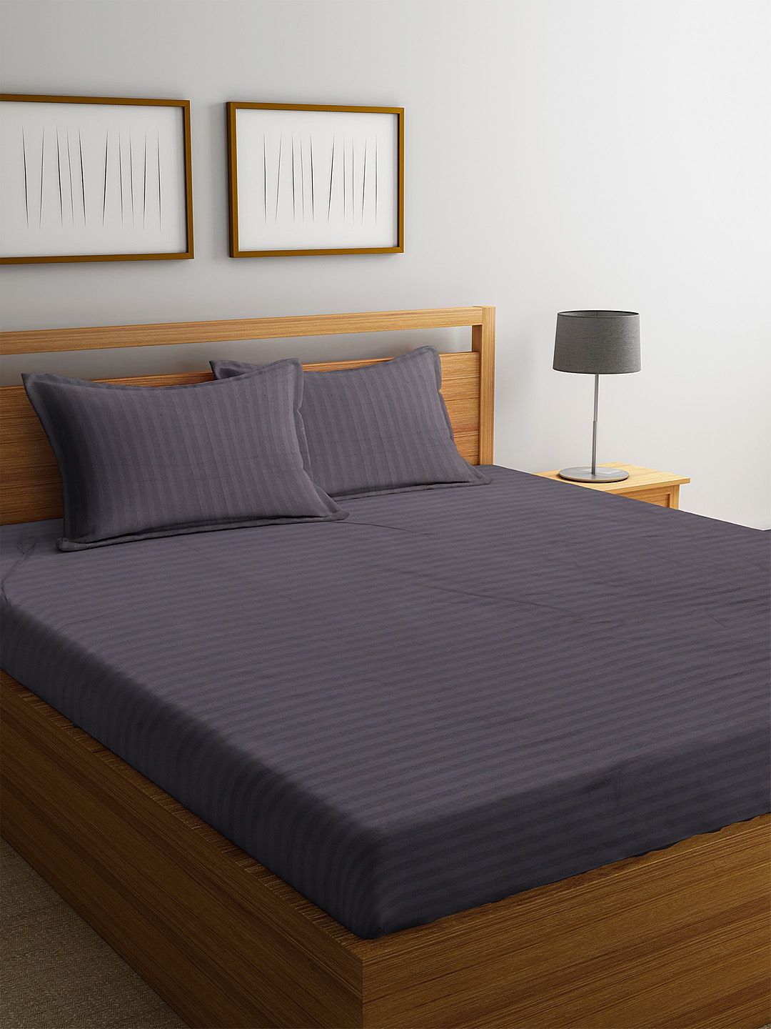 HOSTA HOMES Grey Striped 300 TC Cotton 1 King Bedsheet with 2 Pillow Covers