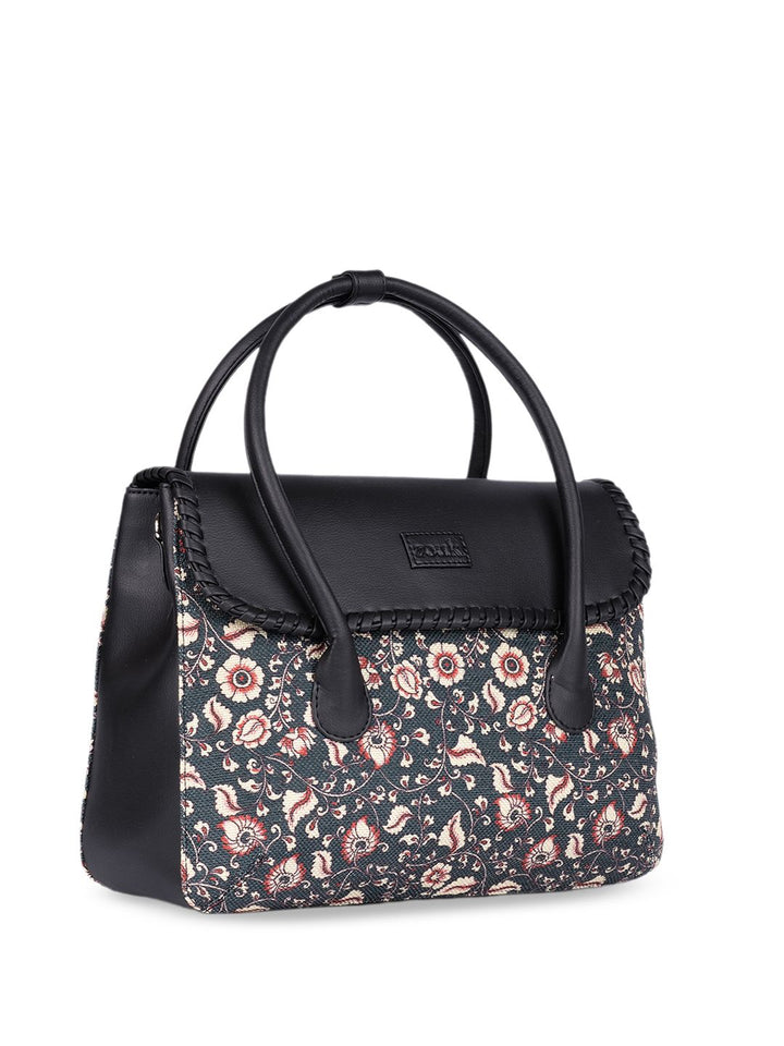 ZOUK Floral Printed Structured Jute Handheld Bag