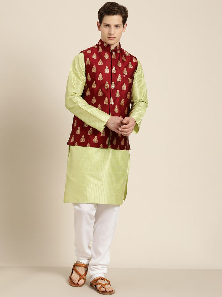 SOJANYA Lelaki Lime Green & Beige Striped Thread Work Straight Kurta Churidar Nehru Jaket