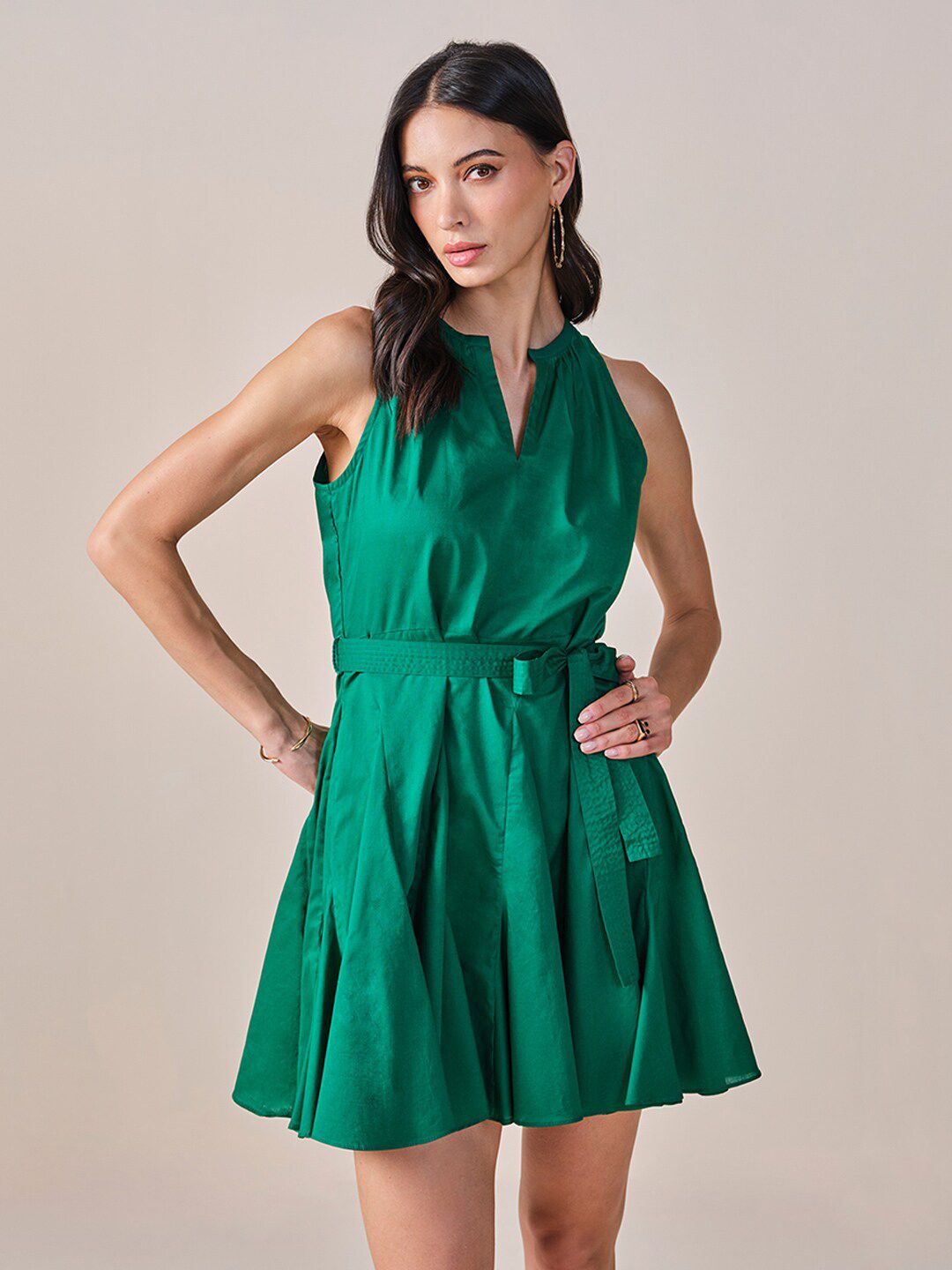 AND Mandarin Collar Sleeveless Belted Cotton Fit & Flare Dress
