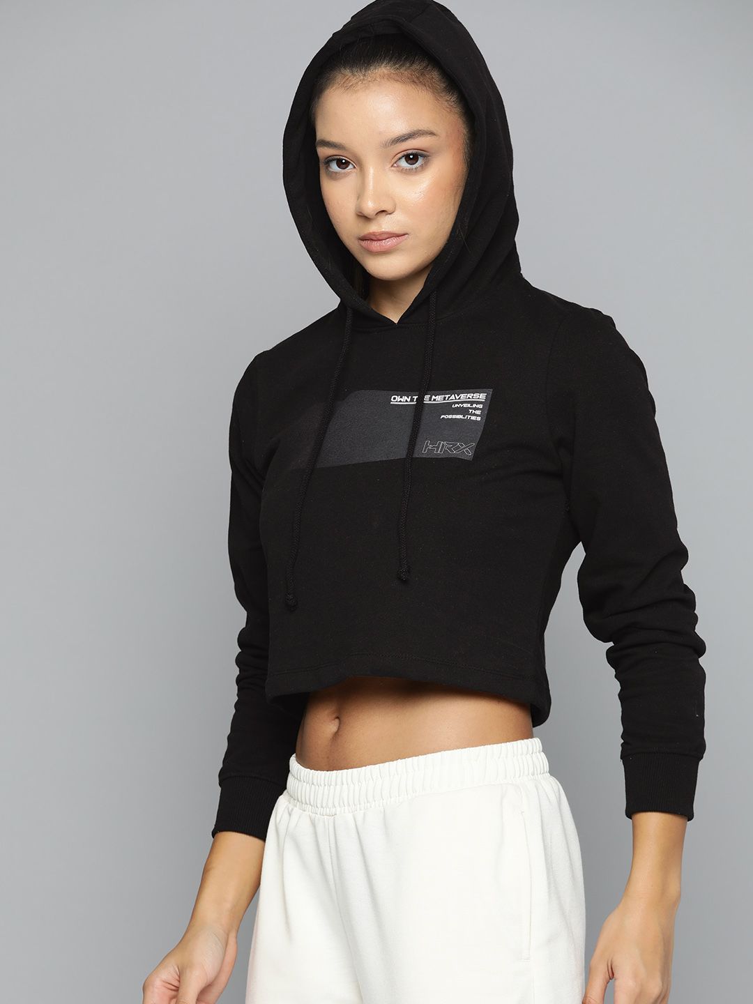 HRX by Hrithik Roshan Minimal Typography Printed Cropped Hooded Lifestyle Sweatshirt