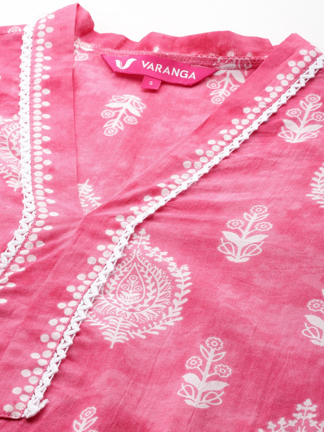 Varanga Women Floral Jaipuri Printed V-Neck Cotton Straight Kurta