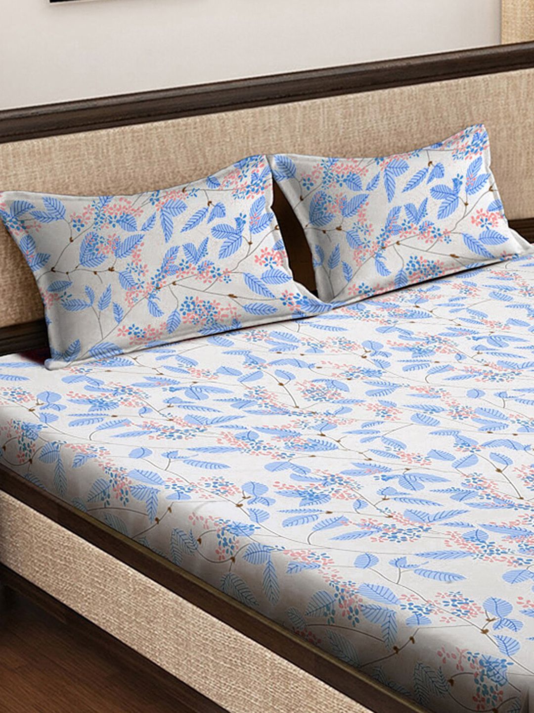 KLOTTHE White & Blue Floral Printed 300 TC King Bedsheet With 2 Pillow covers