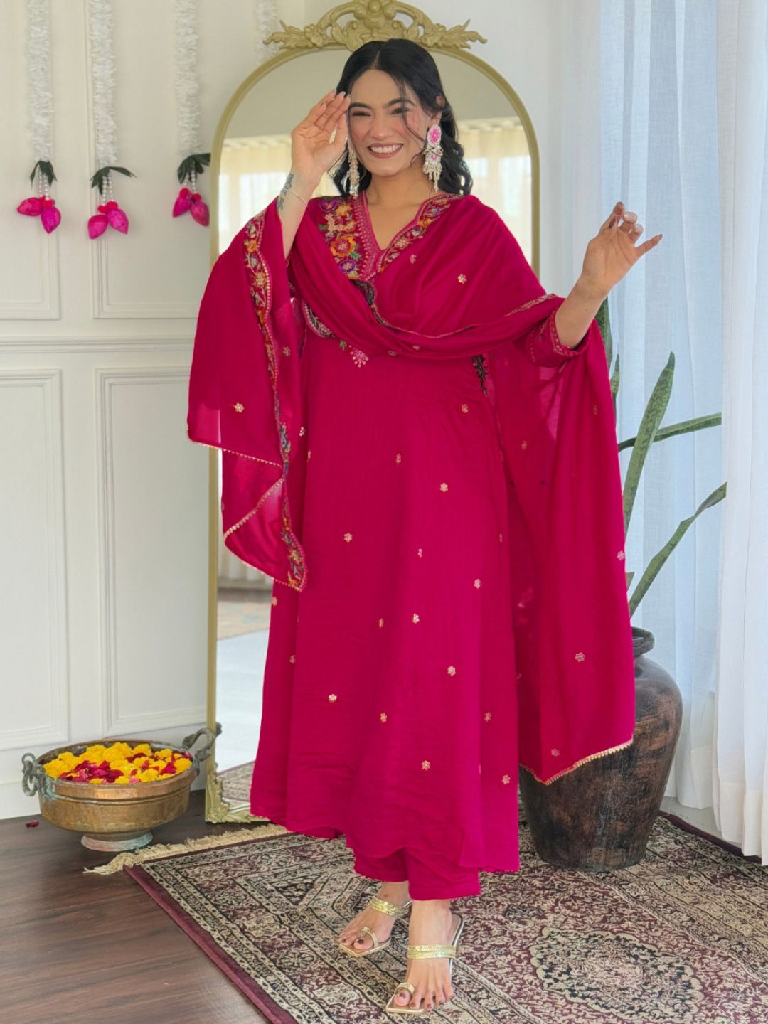 KALINI Women Floral Embroidered Regular Thread Work Kurta with Trousers & With Dupatta
