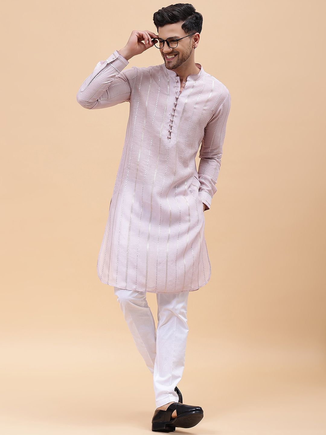 See Designs Floral Embroidered Mirror Work Chanderi Cotton Straight Kurta With Pyjama