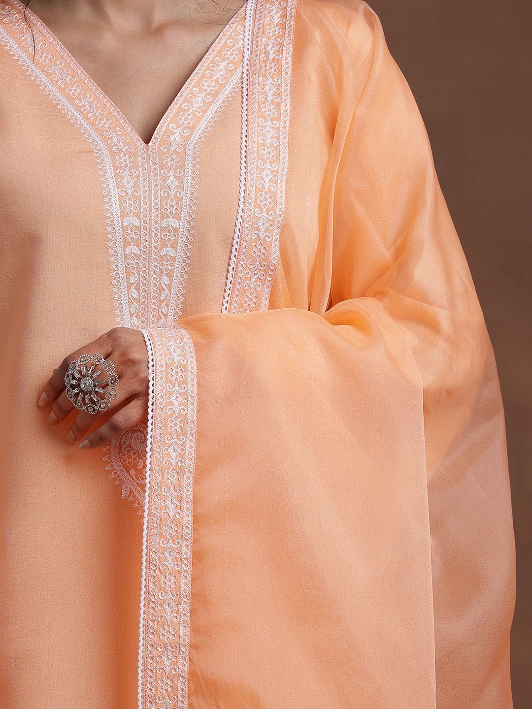 Libas V Neck Long Flared Sleeves Floral Embroidered A Line Kurta with Palazzo & Dupatta