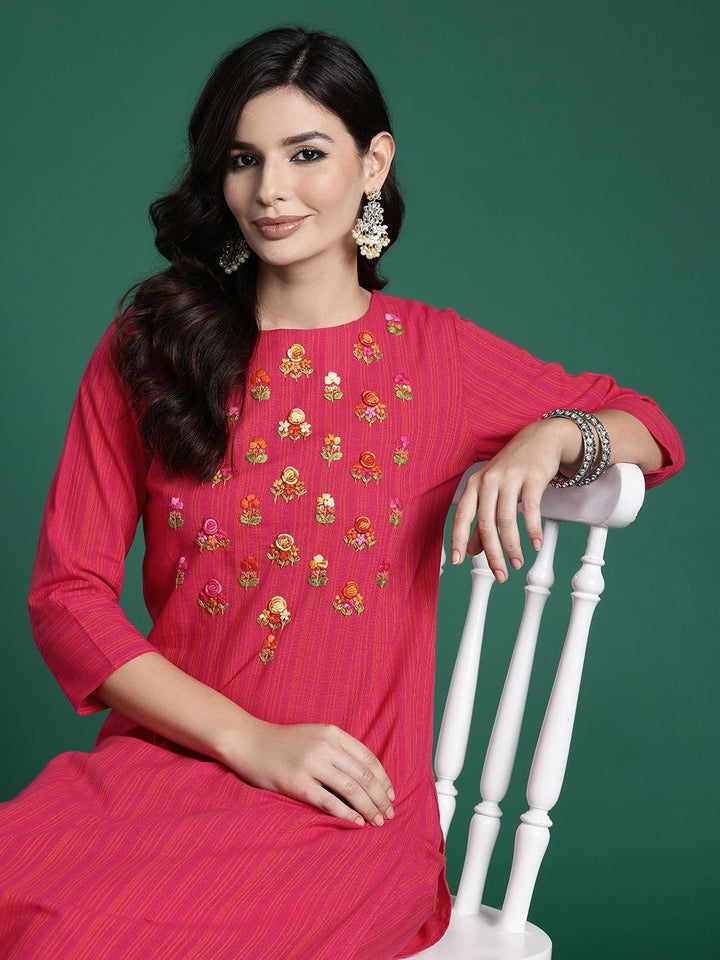 Indo Era Floral Embroidered Thread Work Pure Cotton Kurta with Trousers