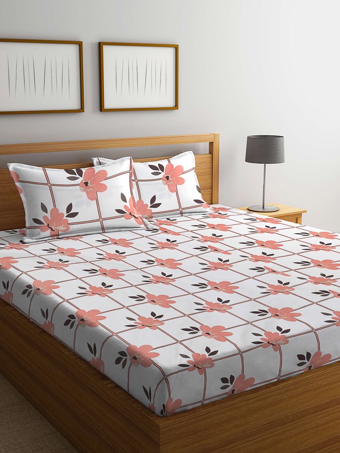KLOTTHE White Floral Cotton 300 TC Fitted King Fine Bedsheet dengan 2 Sarung Bantal-98 x 89 inci
