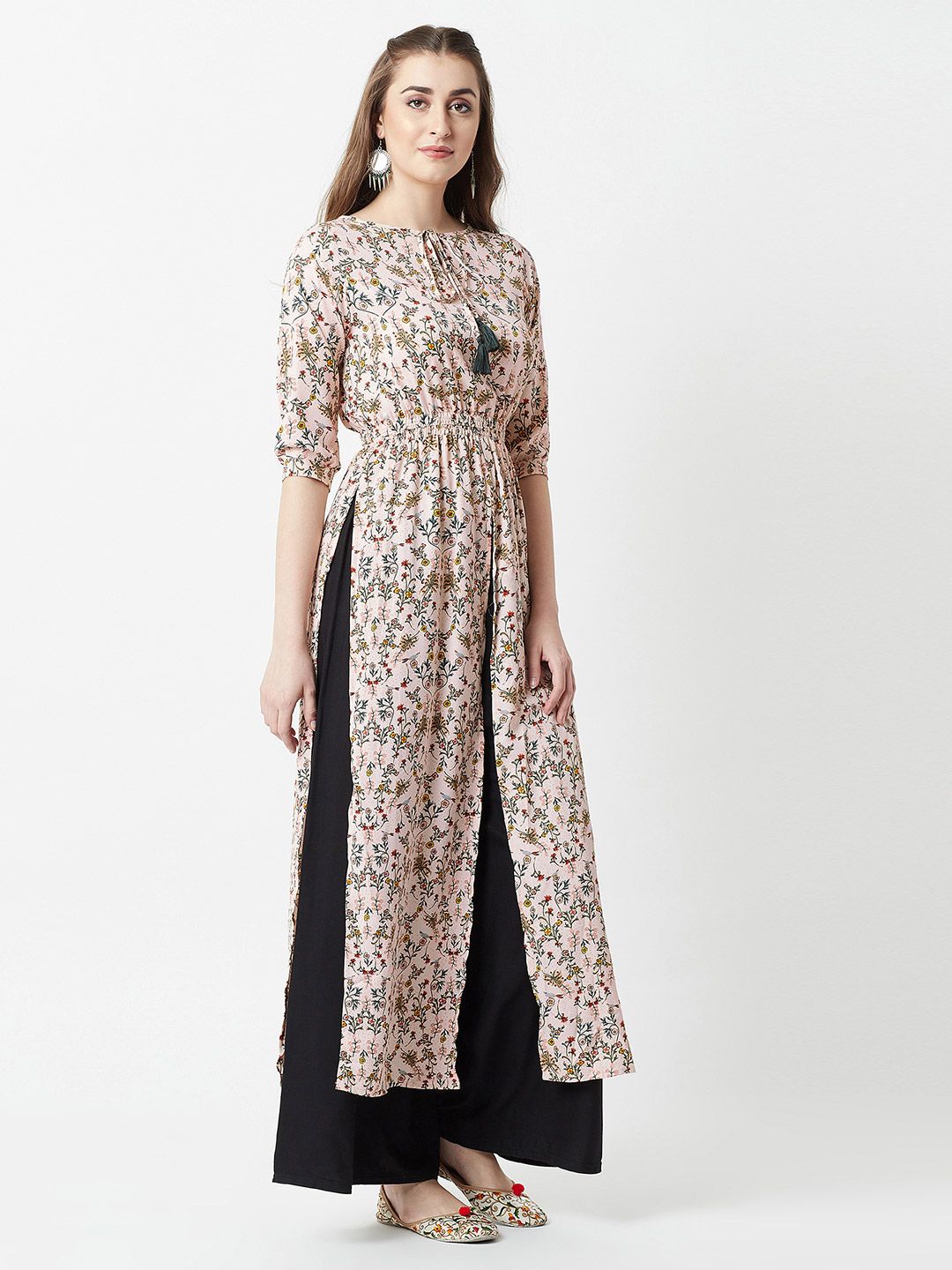 Miss Chase Pink Floral Printed Tie-up Neck Crepe Maxi Longline Top