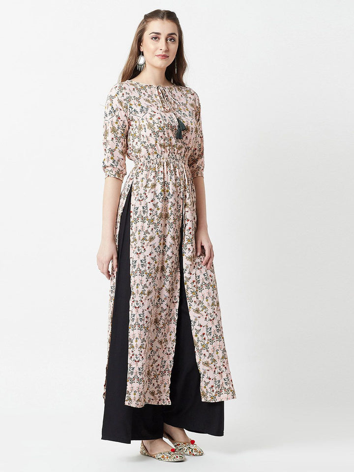 Miss Chase Pink Floral Printed Tie-up Neck Crepe Maxi Longline Top