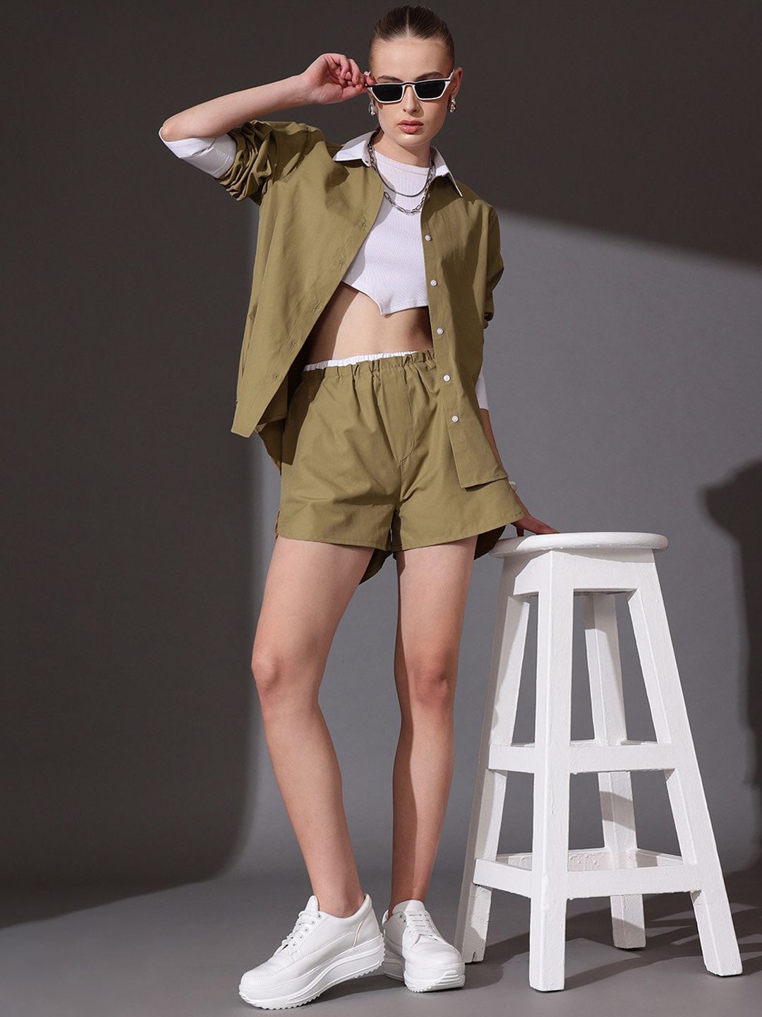 STREET 9 Solid Pure Cotton Shirt & Shorts Co-Ord Set