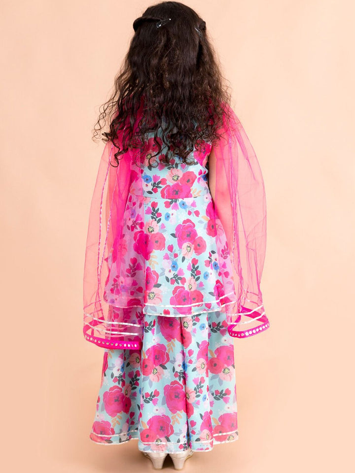 pspeaches Girls Floral Printed Angrakha Gotta Patti Kurti & Sharara With Dupatta