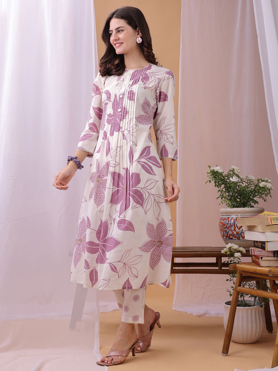 KALINI Women Floral Printed Regular Beads and Stones Pure Cotton Kurta with Trousers